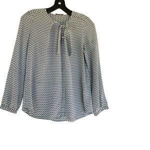 Tie-Neck Printed Long-Sleeve Blouse in Navy and White